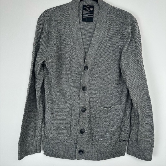 On The Byas Men’s Cardigan Size Small Gray Micro Striped Grandpa Casual Office - Picture 1 of 9